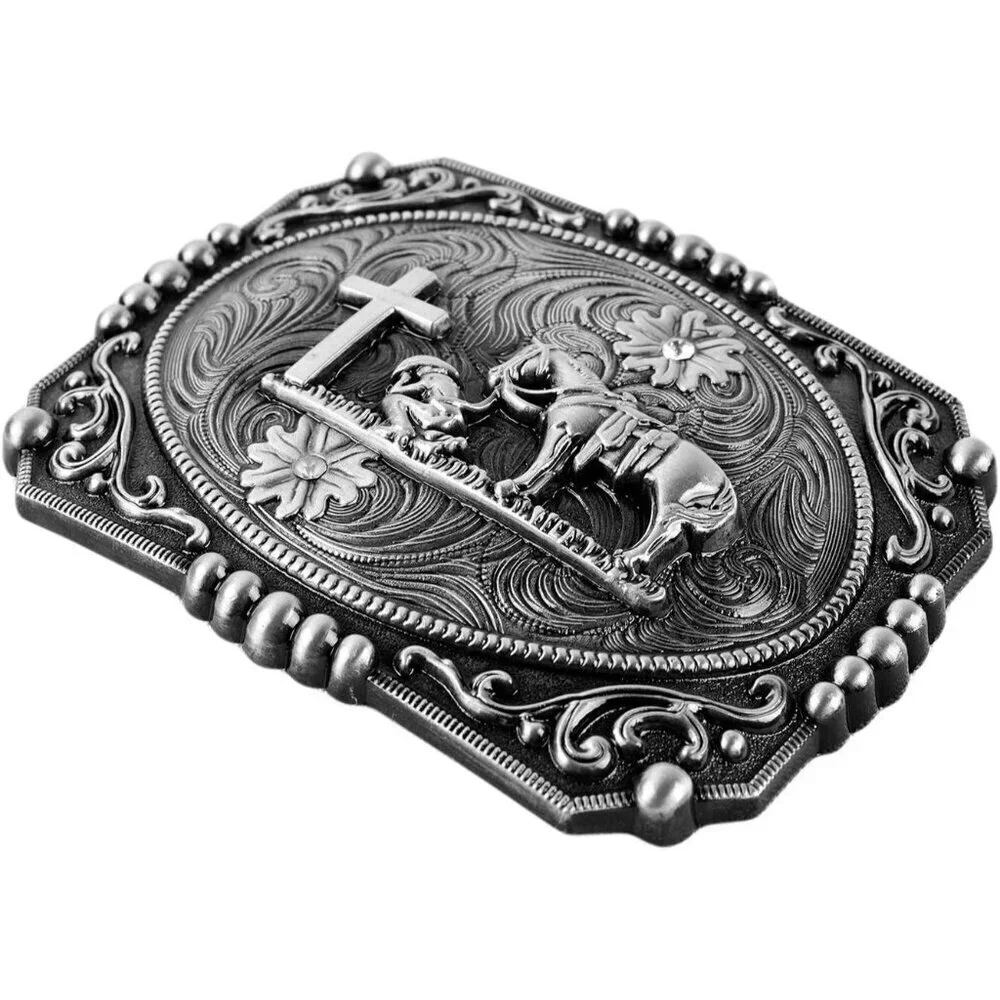 Women's Silver Religion Cross Kneeling Prayer And Horse Design Belt Buckles